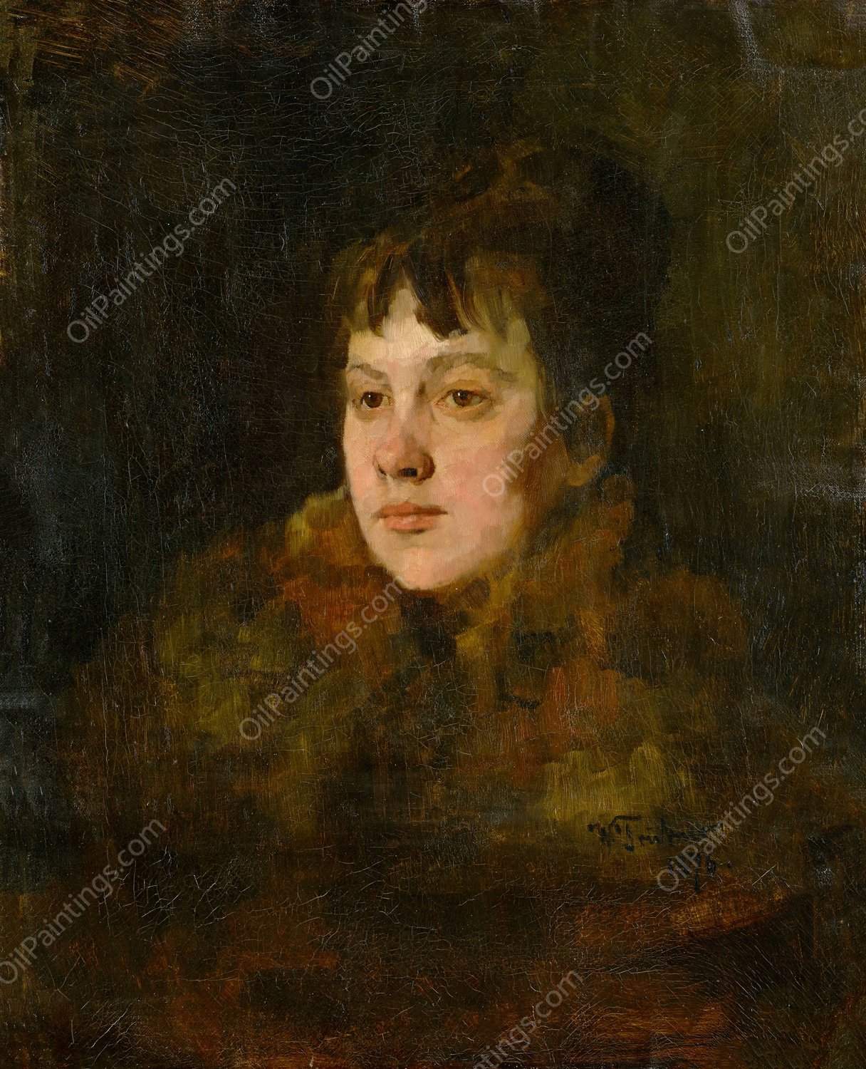 Portrait of a Lady in Fur  by Wilhelm Trubner - Hand-Painted Oil Painting Reproduction