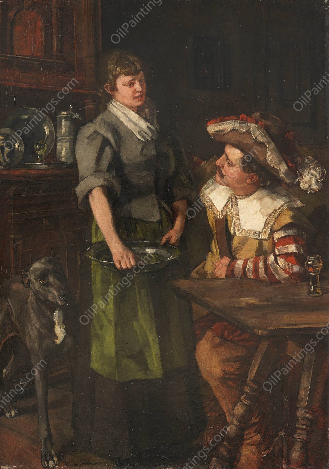 Zechender Landsknecht mit Serviermadchen  by Wilhelm Trubner - Hand-Painted Oil Painting Reproduction