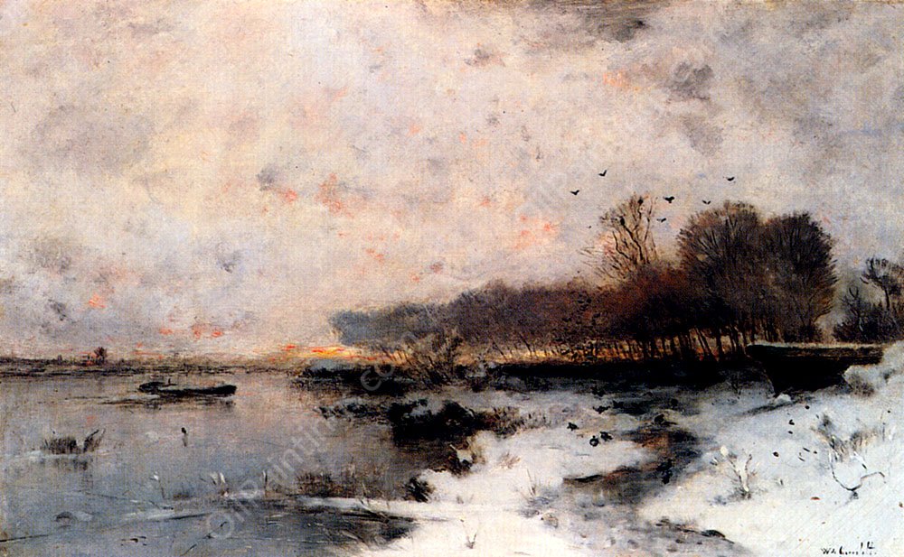 A Winter River Landscape At Sunset by Wilhelm Von Gegerfelt - Hand-Painted Oil Painting Reproduction