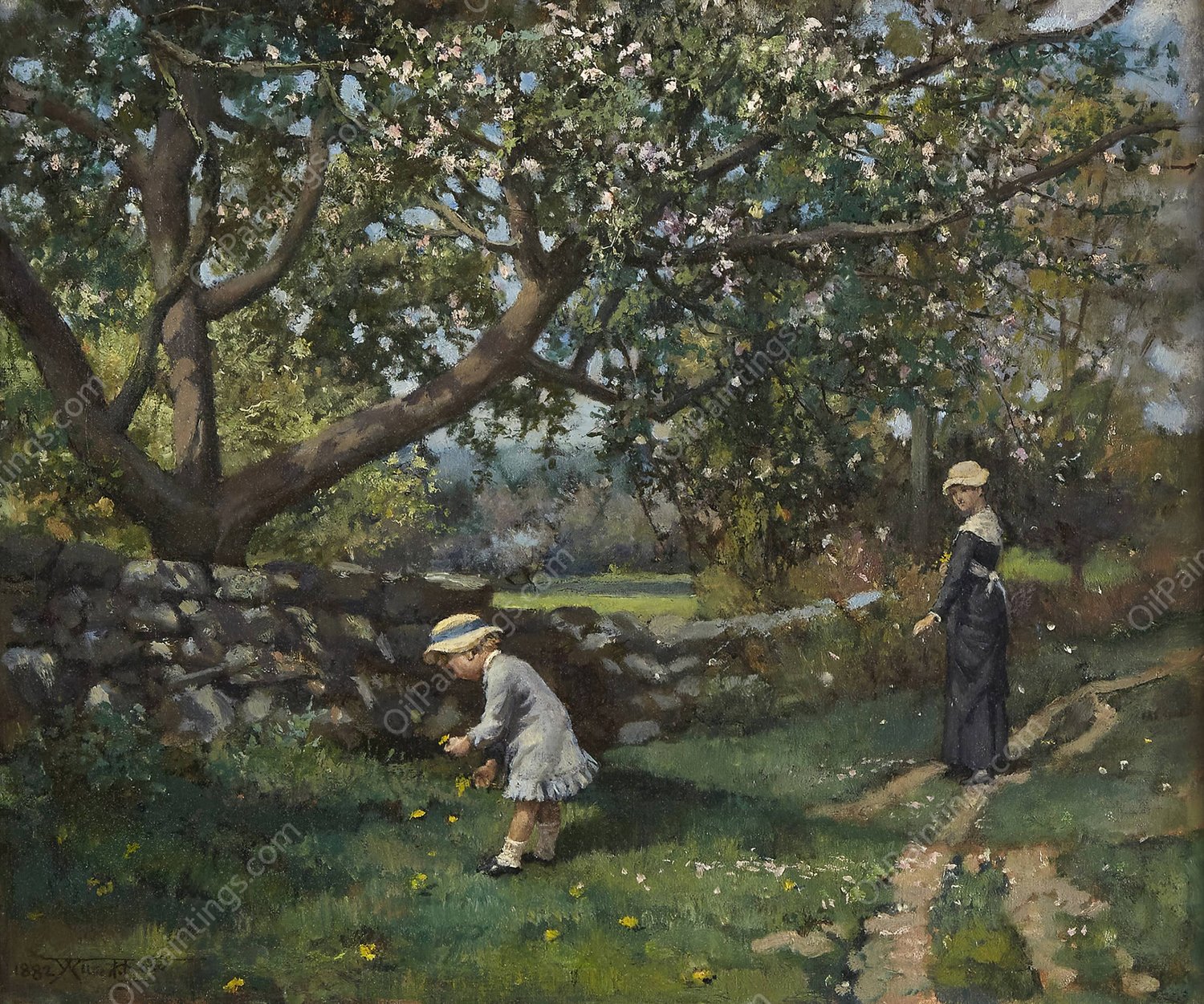 Picking Up Spring Flowers  by Will Hicock Low - Hand-Painted Oil Painting Reproduction