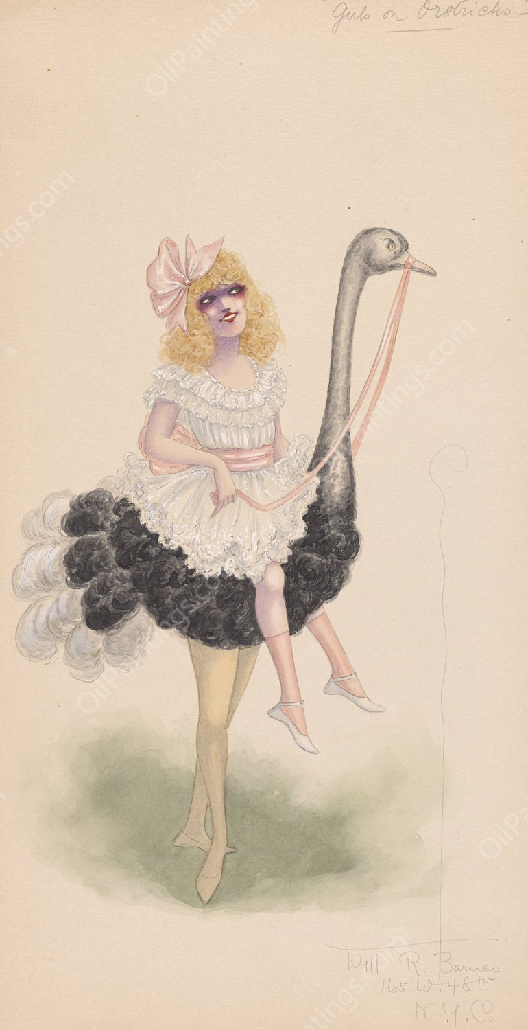 Girls on Ostriches  by Will R. Barnes - Hand-Painted Oil Painting Reproduction