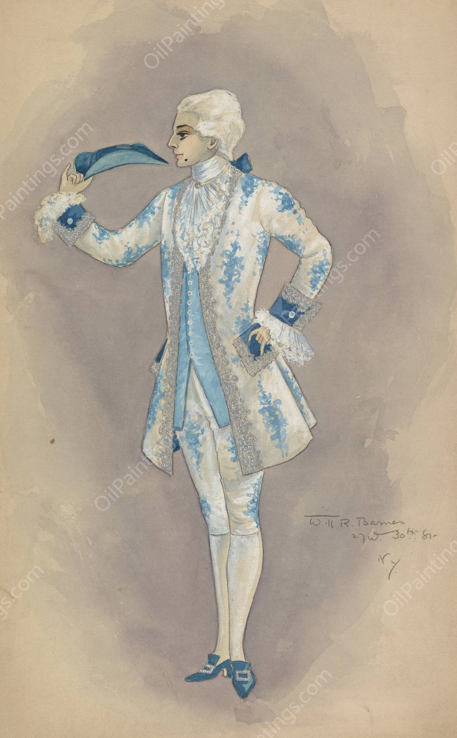 Man in white and light blue floral justacorps and breeches with light blue waistcoat  by Will R. Barnes - Hand-Painted Oil Painting Reproduction