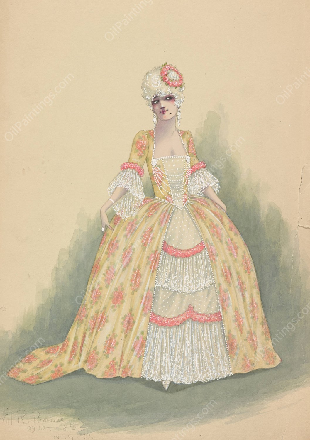 Woman in yellow, white, and pink dress  by Will R. Barnes - Hand-Painted Oil Painting Reproduction