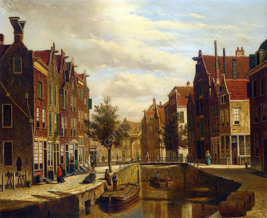 A Morning Walk by a Dutch Canal by Willem Koekkoek - Hand-Painted Oil Painting Reproduction