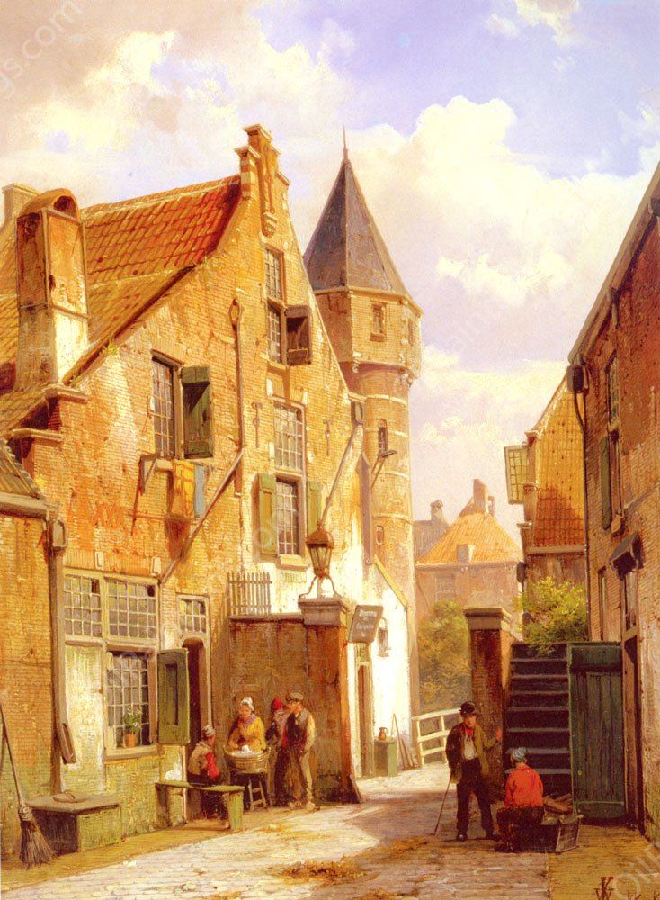 A Street Scene in Leiden by Willem Koekkoek - Hand-Painted Oil Painting Reproduction