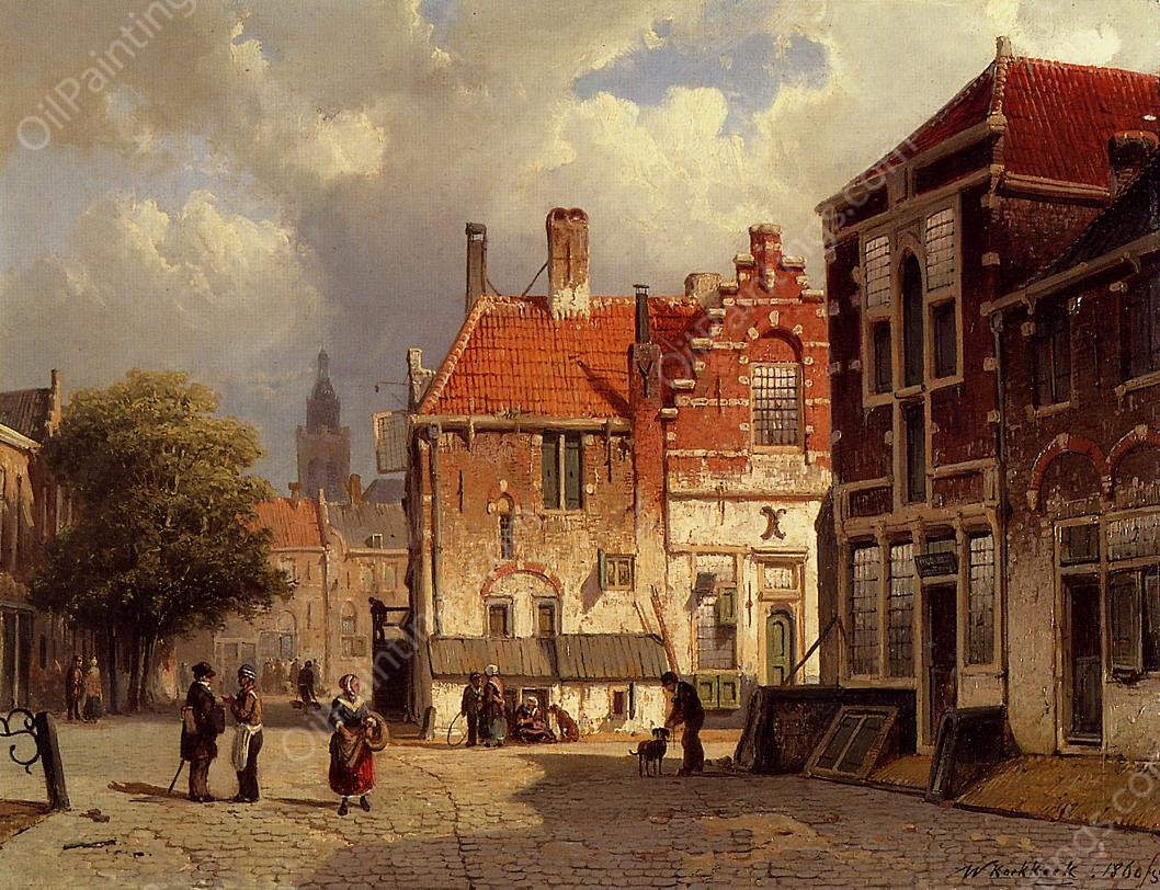 Figures in a Dutch Town Square by Willem Koekkoek - Hand-Painted Oil Painting Reproduction
