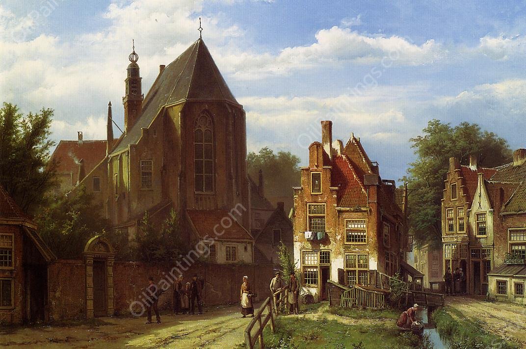 Figures in a Dutch Town by Willem Koekkoek - Hand-Painted Oil Painting Reproduction