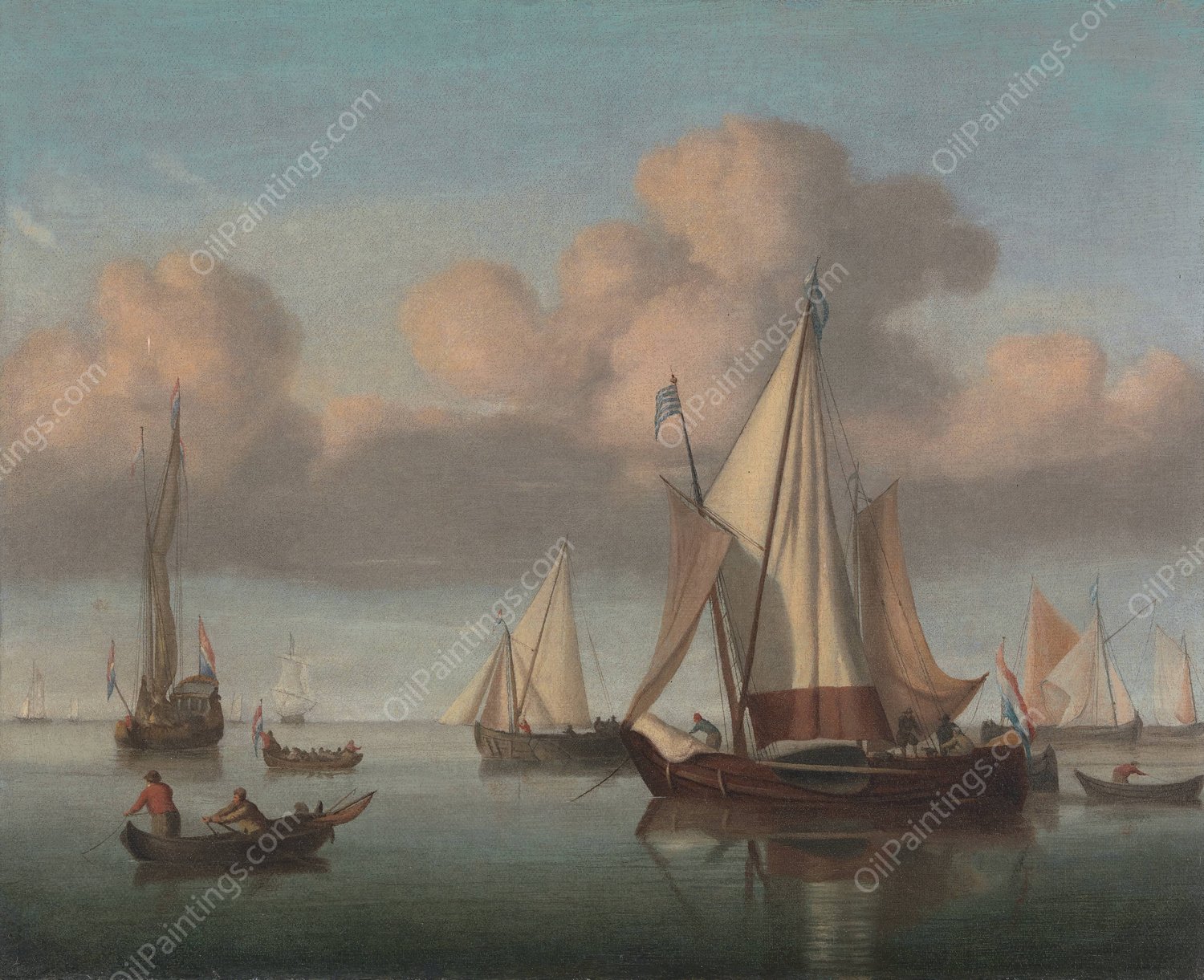 A Kaag at Anchor with Sails Hoisted and a State Yacht and Other Vessels  by Willem Van De Velde The Younger - Hand-Painted Oil Painting Reproduction
