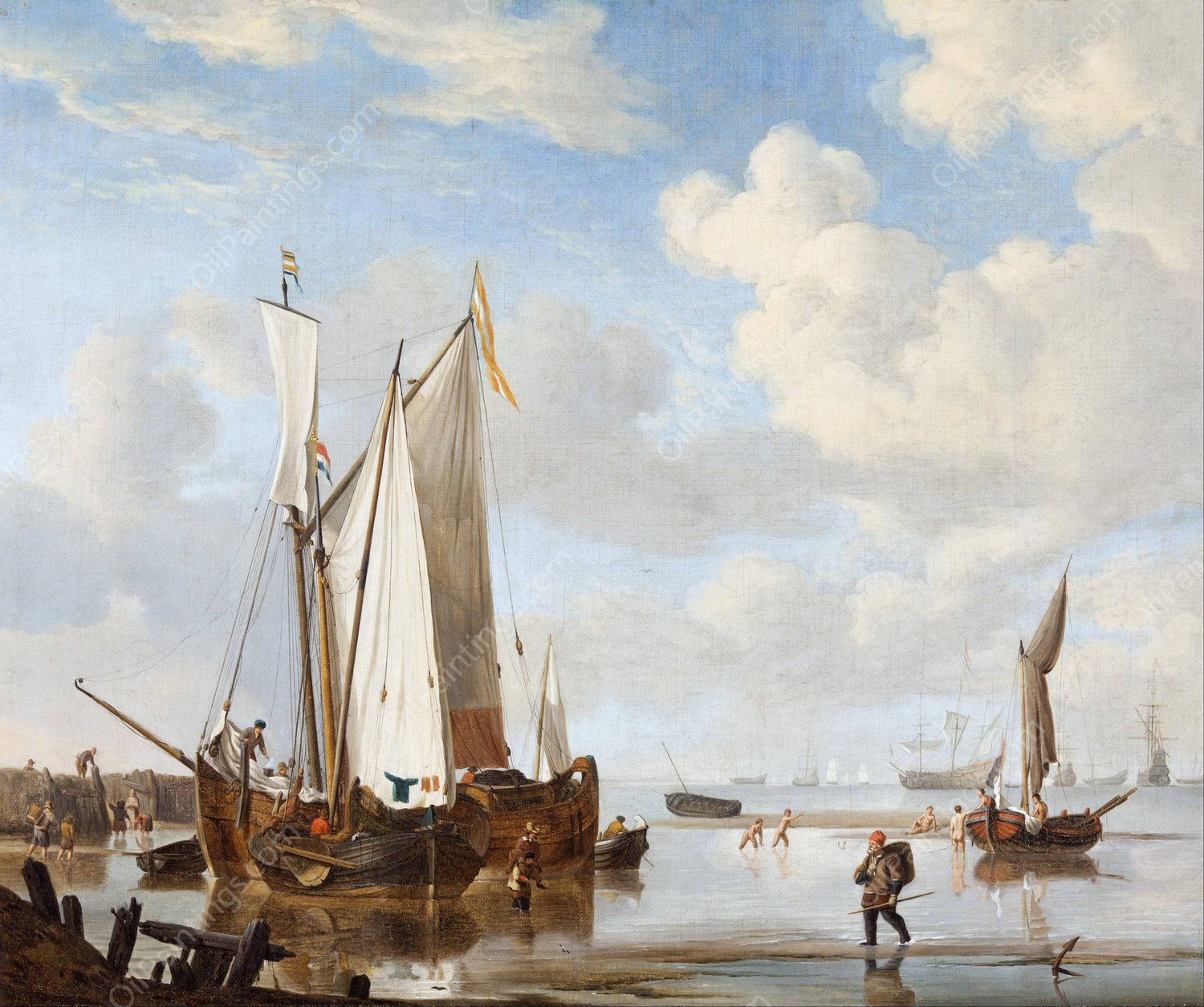 A wijdschip and a kaag in an inlet close to a sea-wall by Willem Van De Velde The Younger - Hand-Painted Oil Painting Reproduction