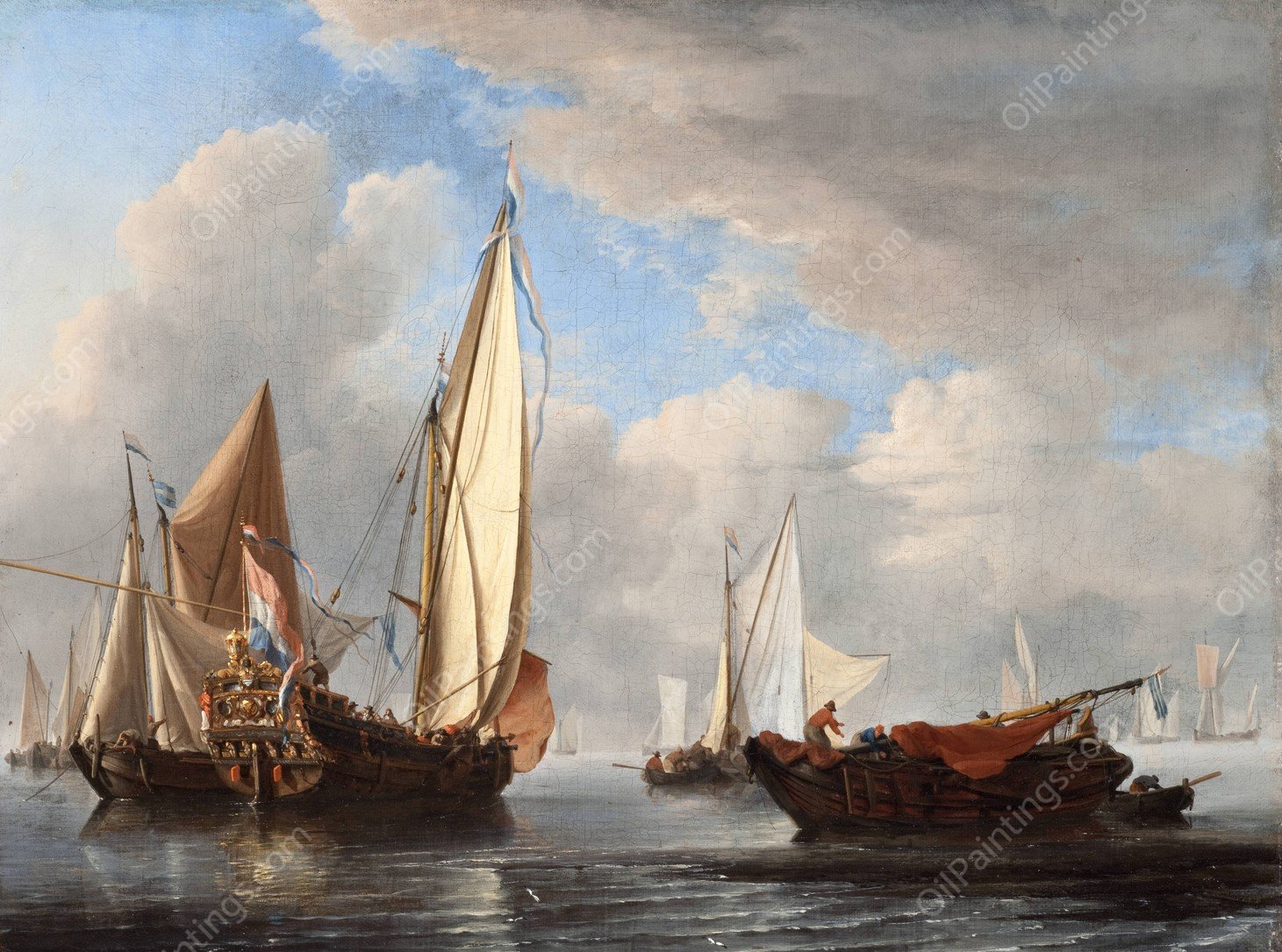A Yacht and Other Vessels in a Calm  by Willem Van De Velde The Younger - Hand-Painted Oil Painting Reproduction