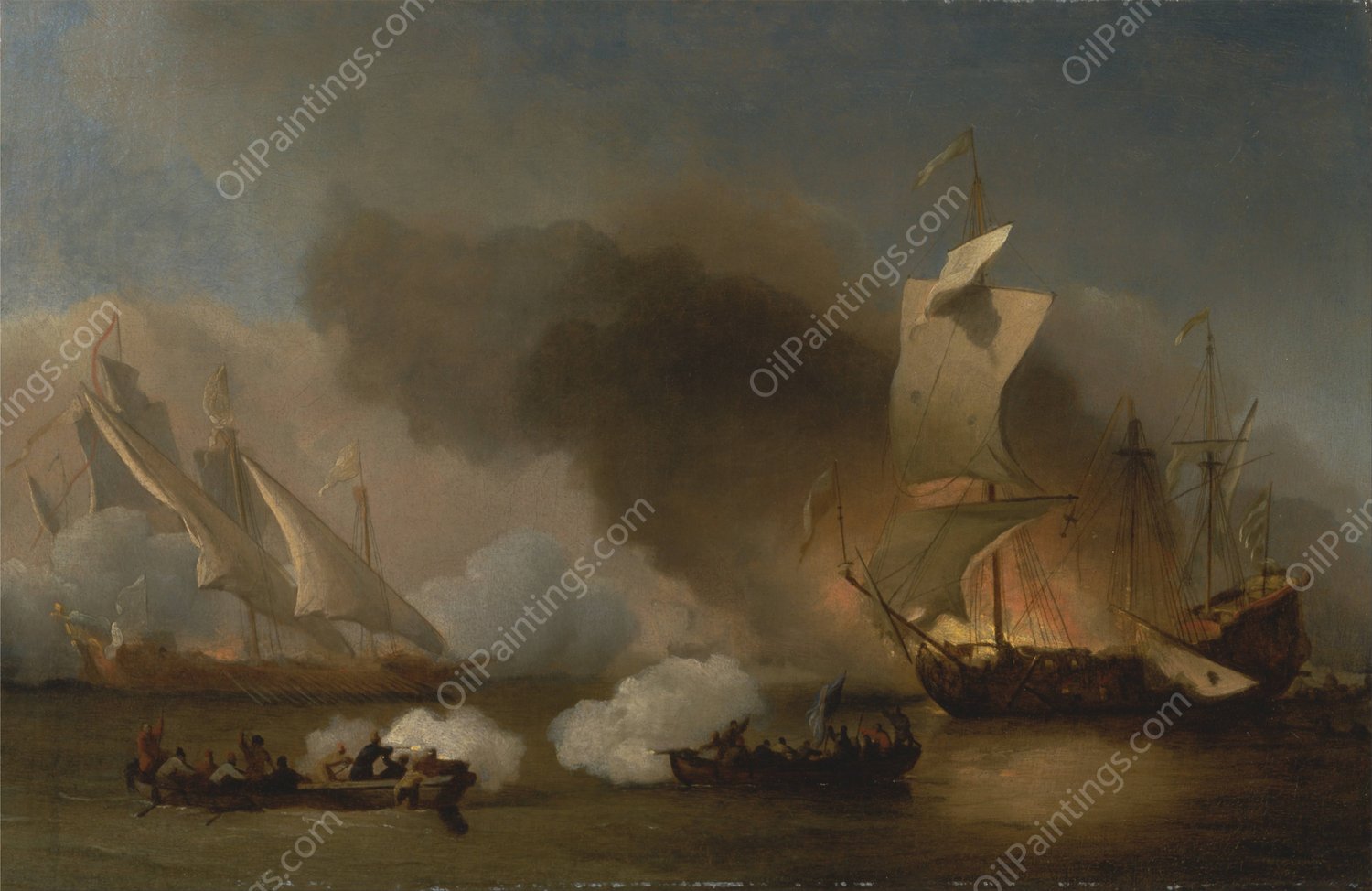 An Action off the Barbary Coast with Galleys and English Ships by Willem Van De Velde The Younger - Hand-Painted Oil Painting Reproduction