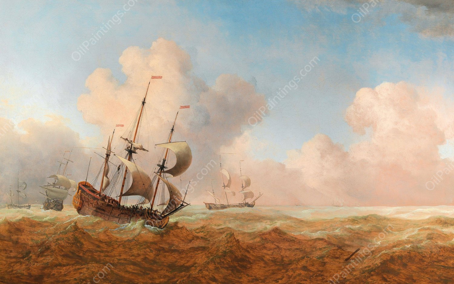 An English man-o-war in choppy waters by Willem Van De Velde The Younger - Hand-Painted Oil Painting Reproduction