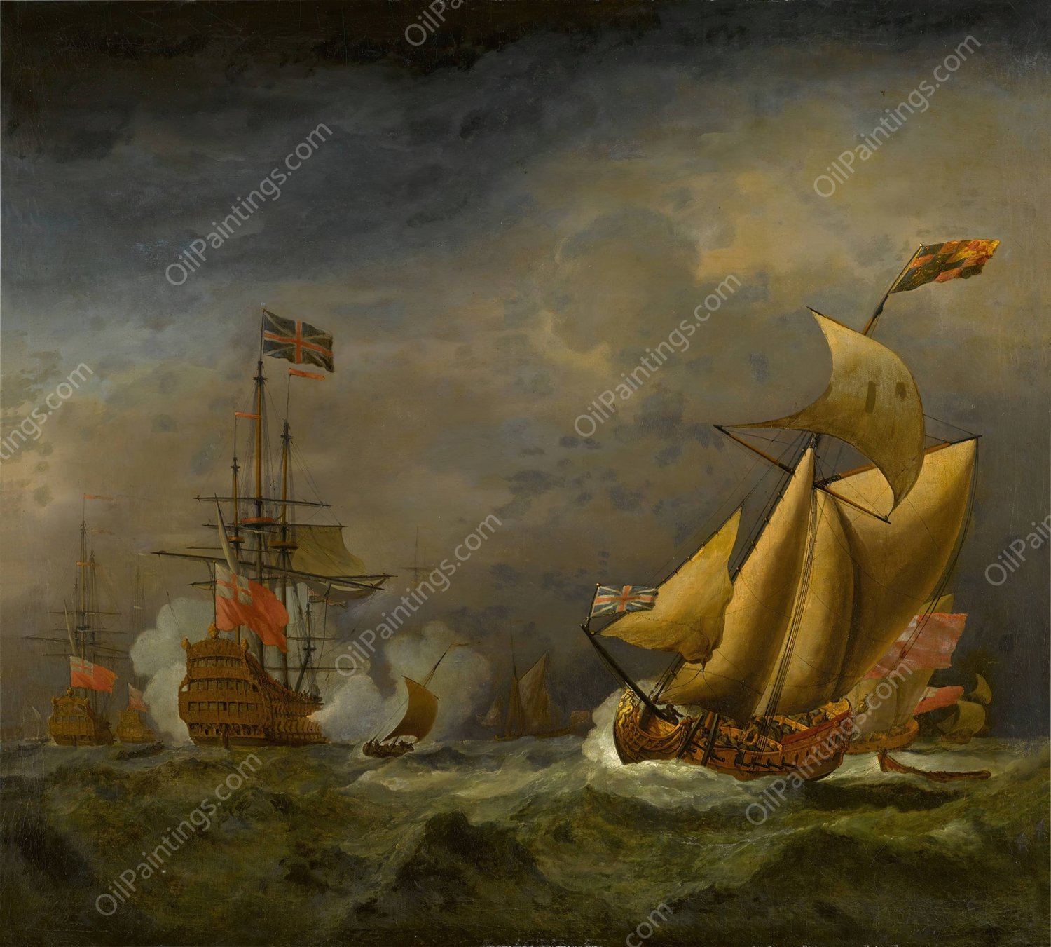 An English man-o'-war saluting an English royal yacht, in choppy seas by Willem Van De Velde The Younger - Hand-Painted Oil Painting Reproduction