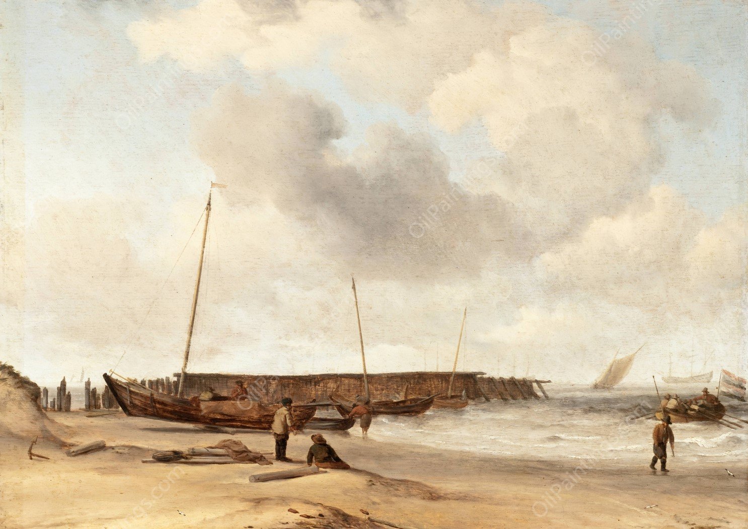 Beach with a Weyschuit Pulled up on Shore  by Willem Van De Velde The Younger - Hand-Painted Oil Painting Reproduction