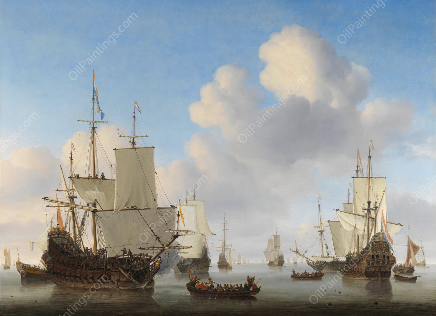 Dutch Ships in a Calm Sea  by Willem Van De Velde The Younger - Hand-Painted Oil Painting Reproduction