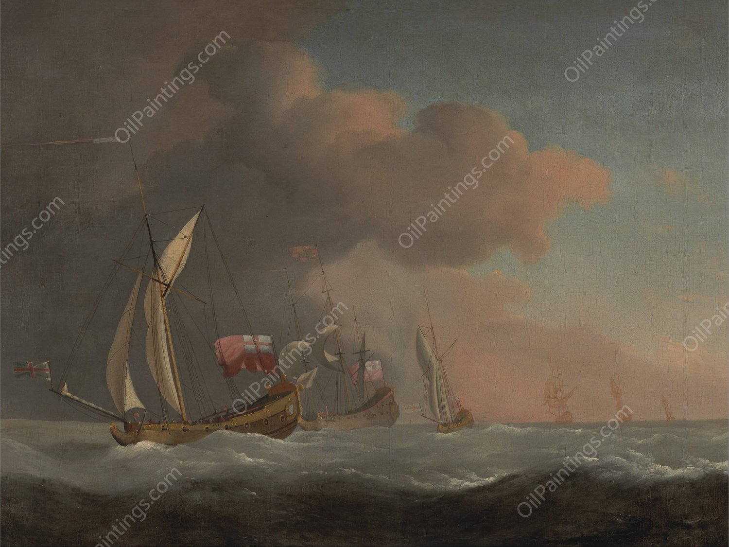 English Royal Yachts at Sea in a Strong Breeze, in Company with a Ship Flying the Royal Standard by Willem Van De Velde The Younger - Hand-Painted Oil Painting Reproduction