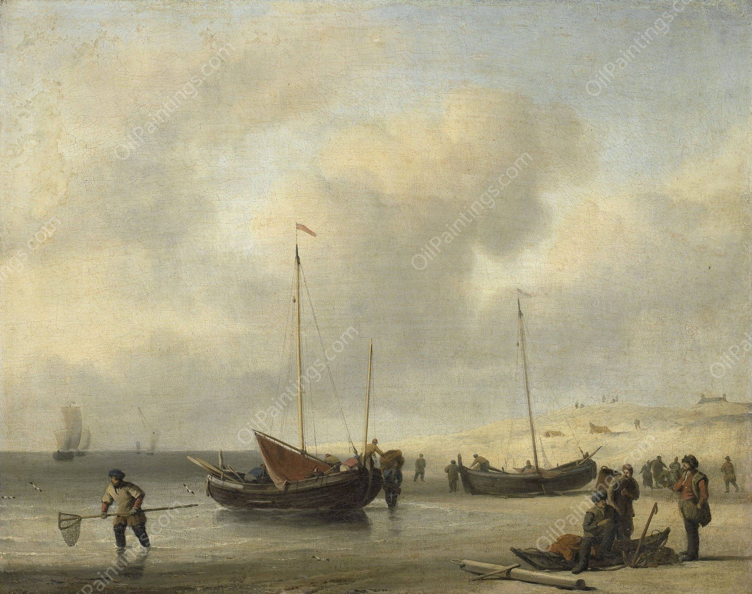 Fishing Boats on Shore  by Willem Van De Velde The Younger - Hand-Painted Oil Painting Reproduction