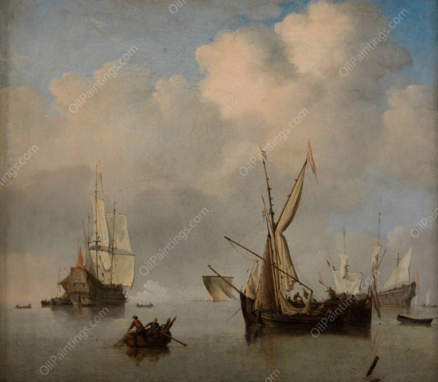 Mer calme; deux petits cabotiers neerlandais a l'ancre bord-a-bord. Marine  by Willem Van De Velde The Younger - Hand-Painted Oil Painting Reproduction