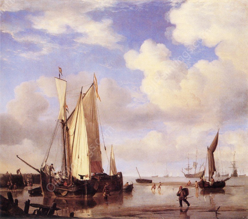 Ships Close Inshore at Low Tide by Willem Van De Velde The Younger - Hand-Painted Oil Painting Reproduction