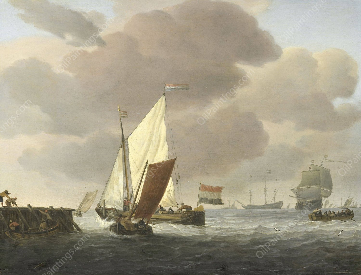 Ships near the Coast in windy Weather  by Willem Van De Velde The Younger - Hand-Painted Oil Painting Reproduction