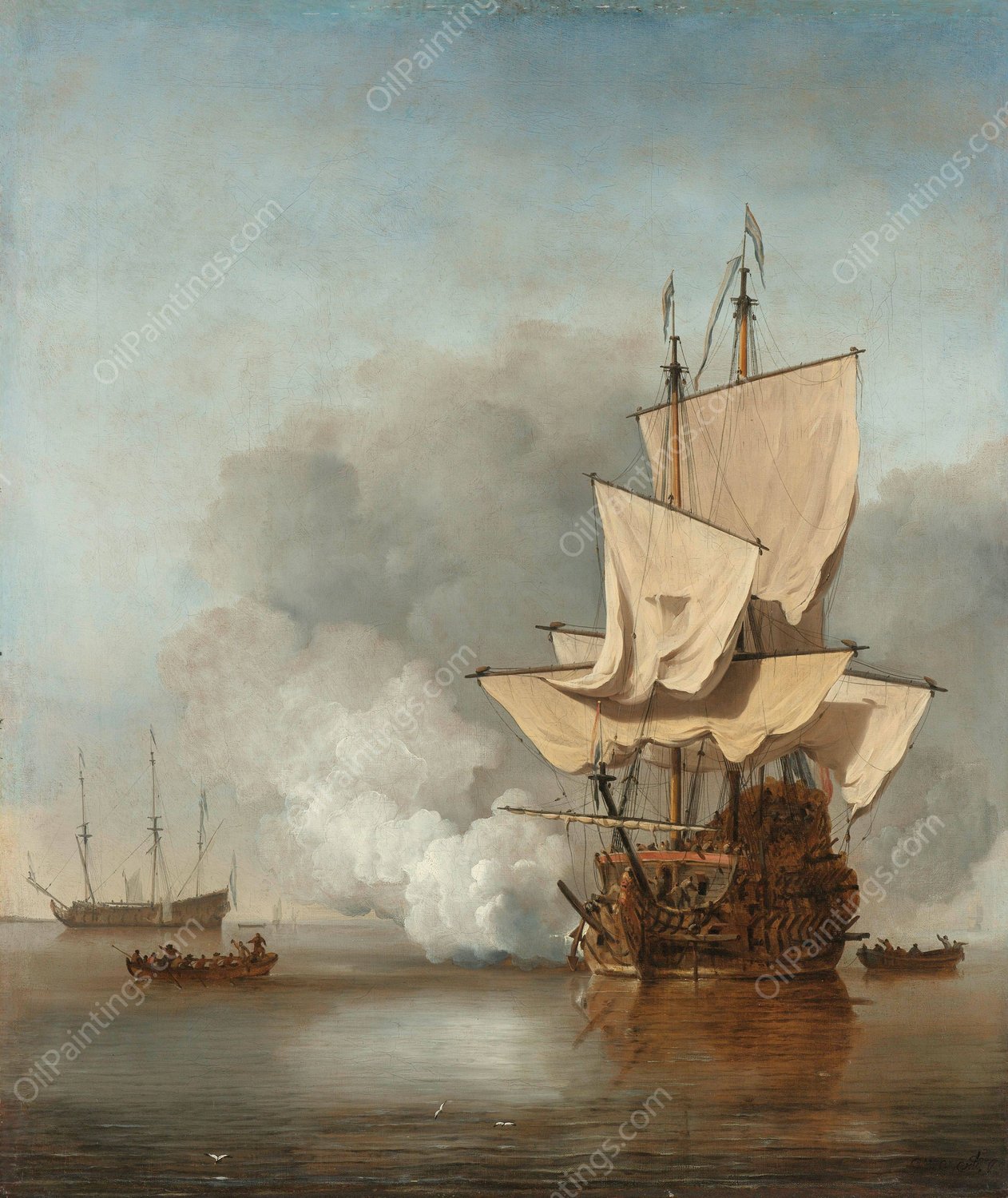 The Cannon Shot  by Willem Van De Velde The Younger - Hand-Painted Oil Painting Reproduction