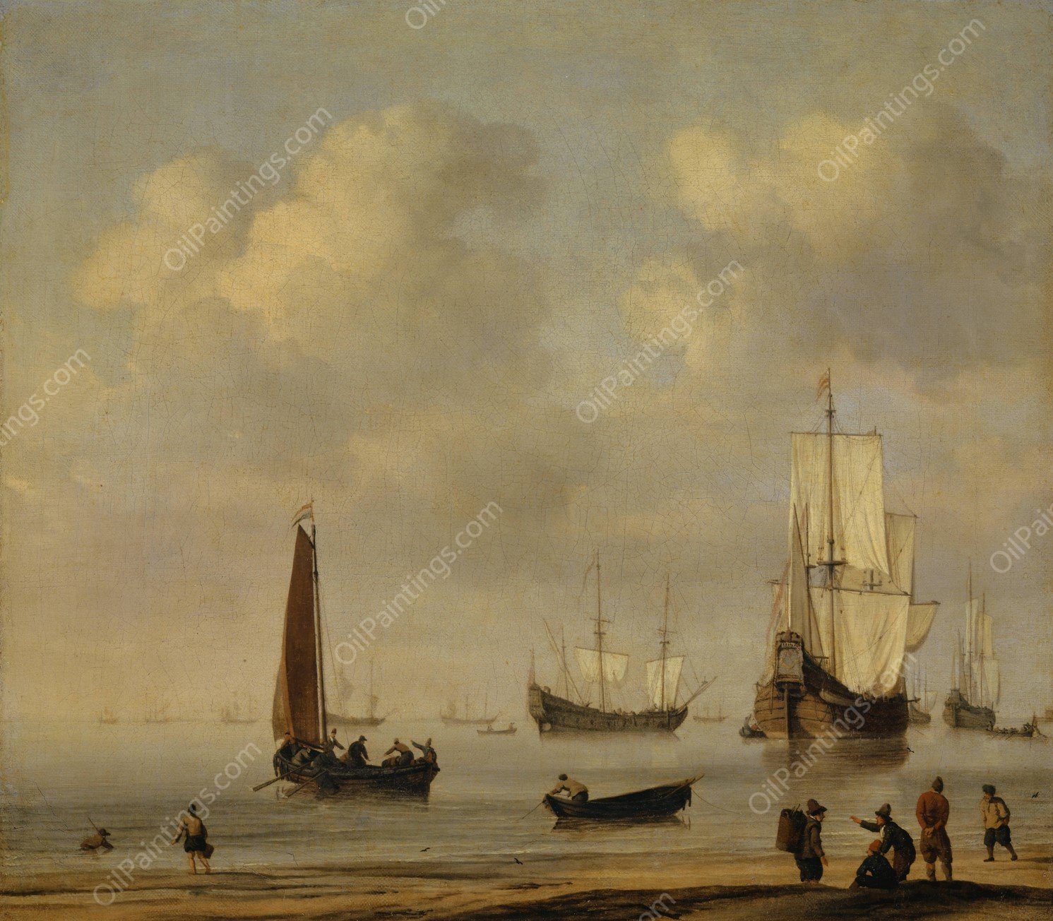 Three-Masted Ships and Fishing Boats in a Calm  by Willem Van De Velde The Younger - Hand-Painted Oil Painting Reproduction