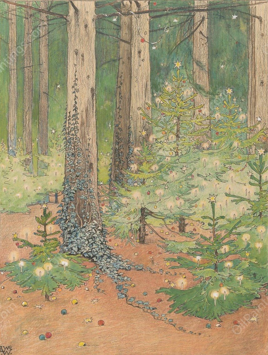 Bos met versierde en verlichte kerstbomen  by Willem Wenckebach - Hand-Painted Oil Painting Reproduction