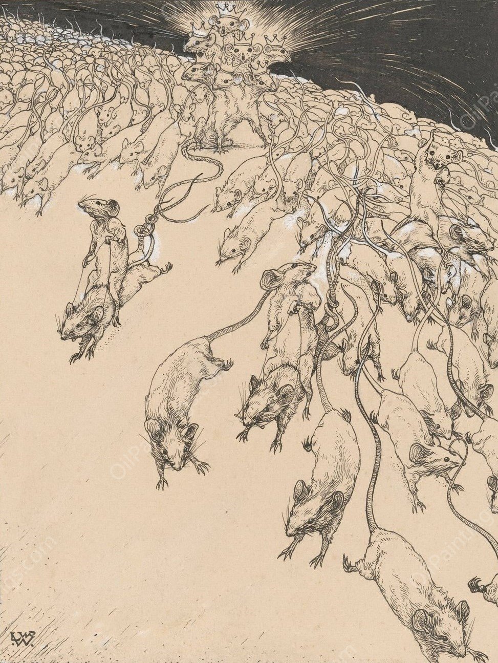 Zevenkoppige Muizenkoning tussen de rennende muizen  by Willem Wenckebach - Hand-Painted Oil Painting Reproduction