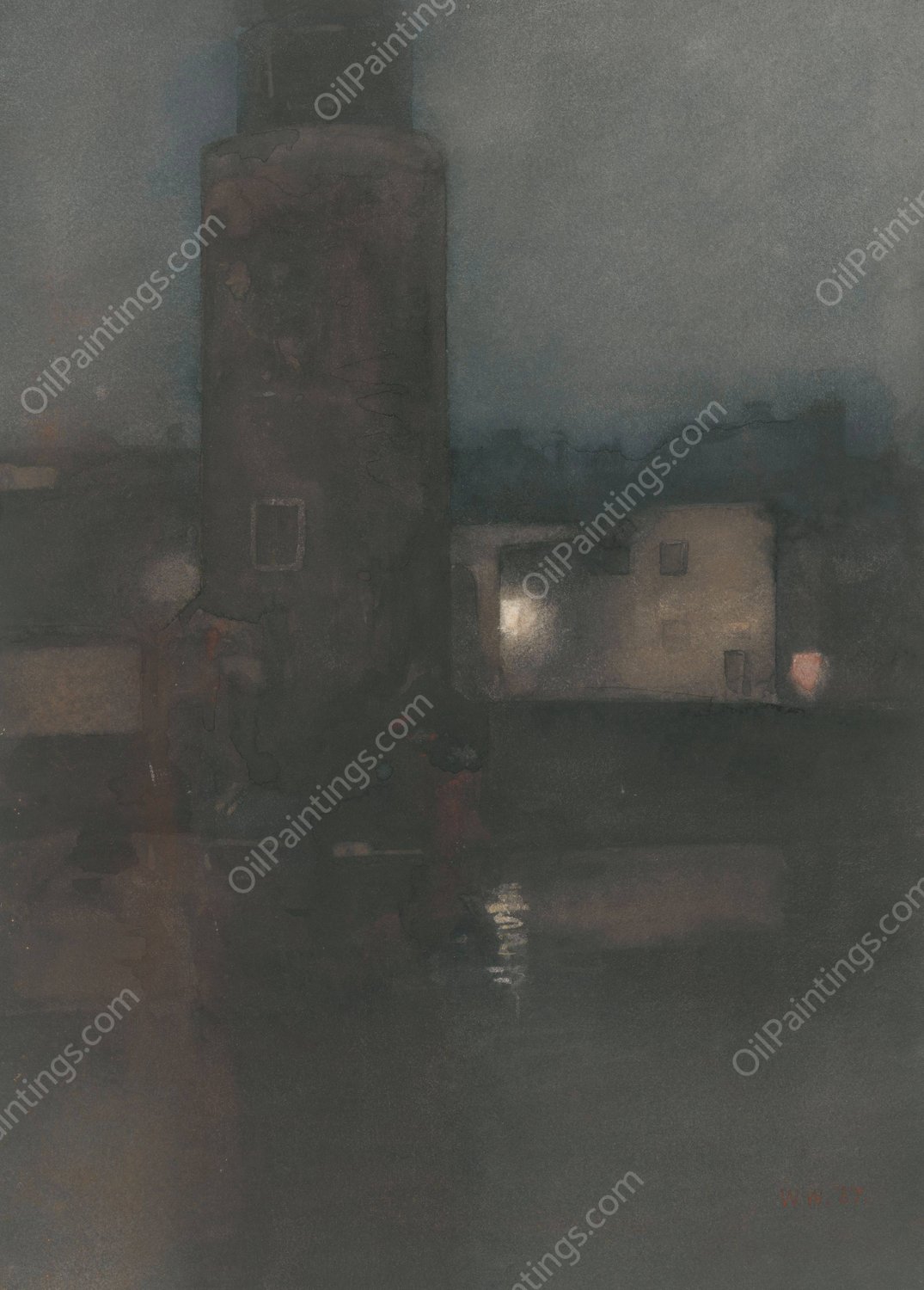 De Montelbaanstoren te Amsterdam bij nacht  by Willem Witsen - Hand-Painted Oil Painting Reproduction