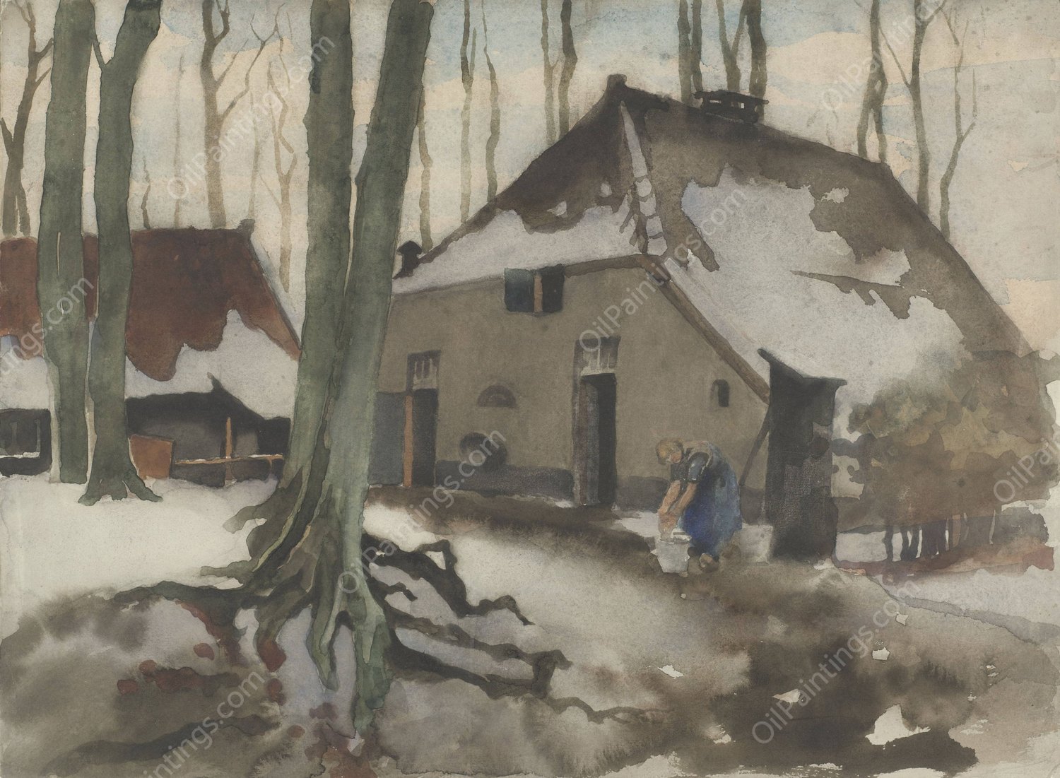 Vrouw voor een huis in een besneeuwd bos  by Willem Witsen - Hand-Painted Oil Painting Reproduction