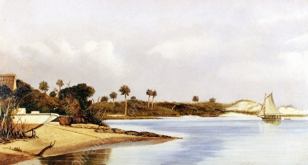 Florida Beach Scene with Beached Boat and Sailboat in Water by William Aiken Walker - Hand-Painted Oil Painting Reproduction