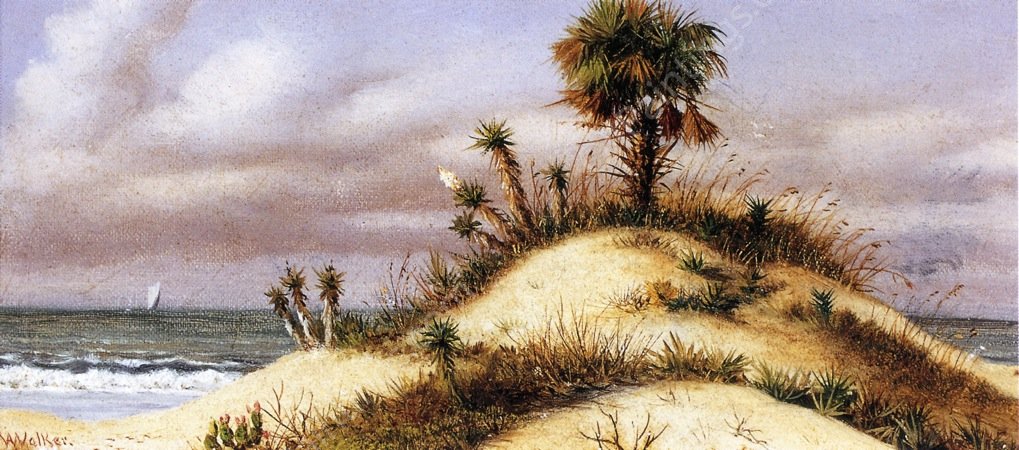 Florida Seascape with Sand Dune, Palm Tree, Yucca, Cactus and Sailboat by William Aiken Walker - Hand-Painted Oil Painting Reproduction