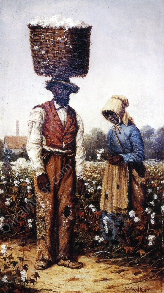 Negro Couple in Cotton Field, Woman with Yellow Bonnet by William Aiken Walker - Hand-Painted Oil Painting Reproduction
