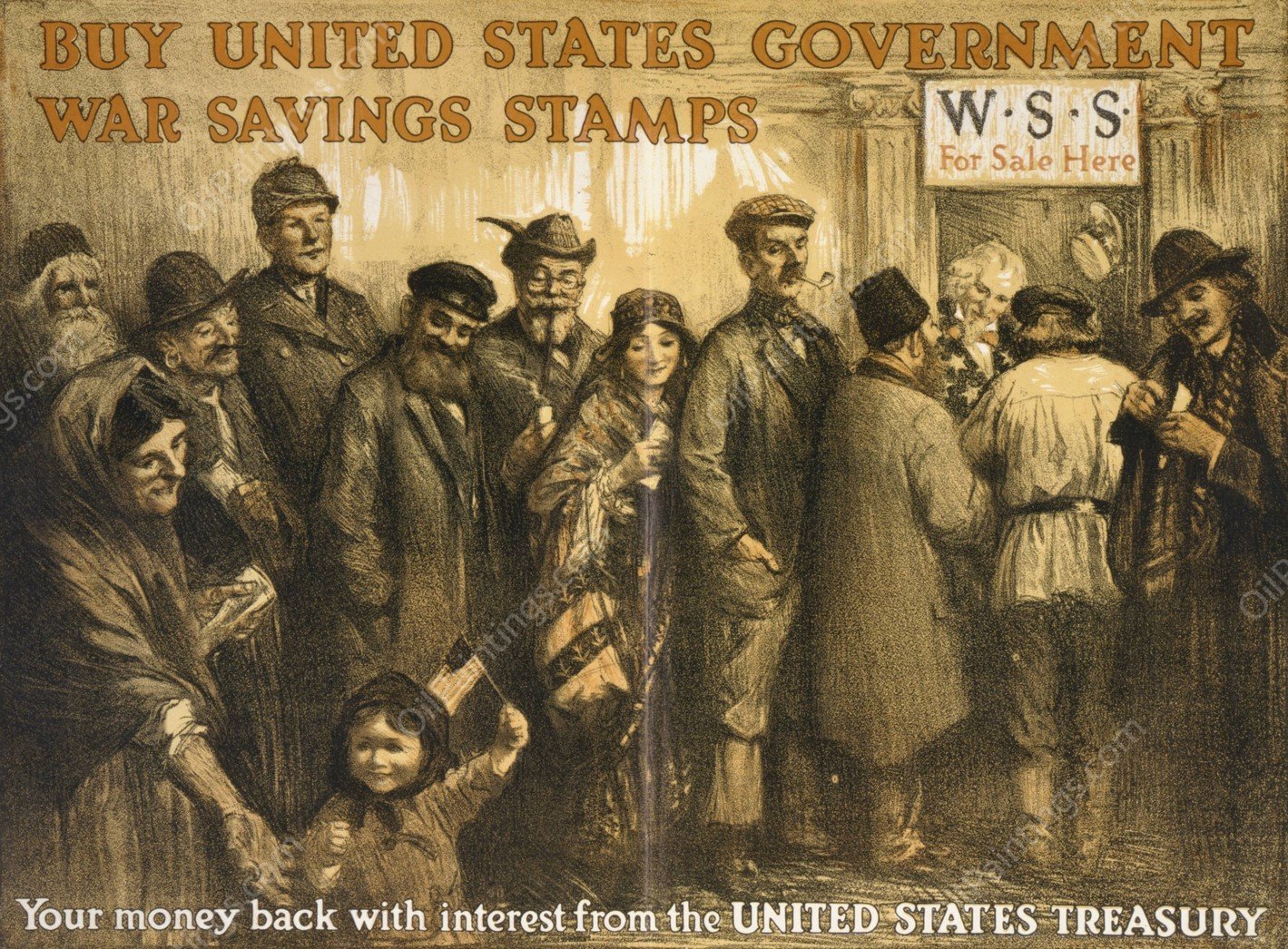 Buy United States government war savings stamps Your money back with interest from the United States Treasury  by William Balfour Ker - Hand-Painted Oil Painting Reproduction