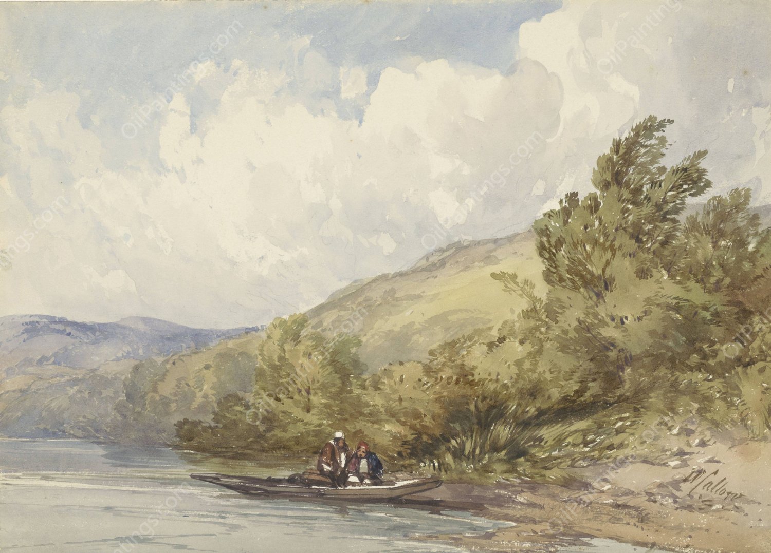 Heuvellandschap met een meer en een boot met twee figuren  by William Callow - Hand-Painted Oil Painting Reproduction