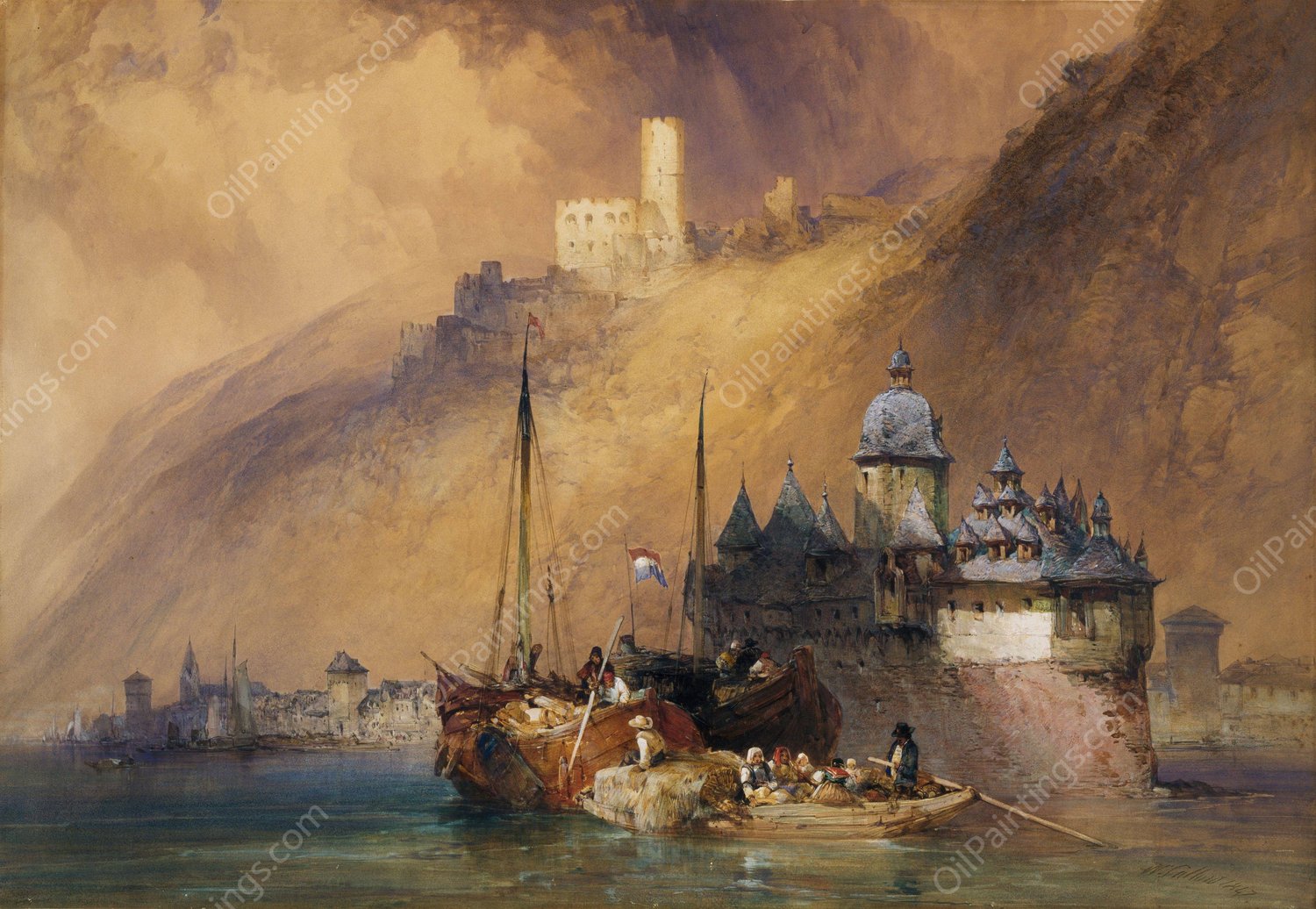 The Phalz Castle on the Rhine  by William Callow - Hand-Painted Oil Painting Reproduction