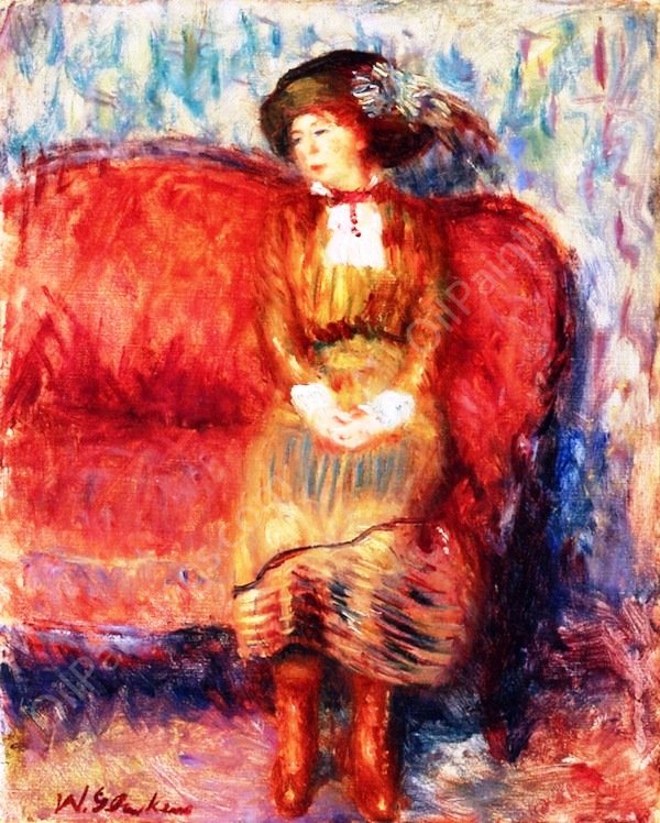 Woman Seated on Red Sofa by William Glackens - Hand-Painted Oil Painting Reproduction