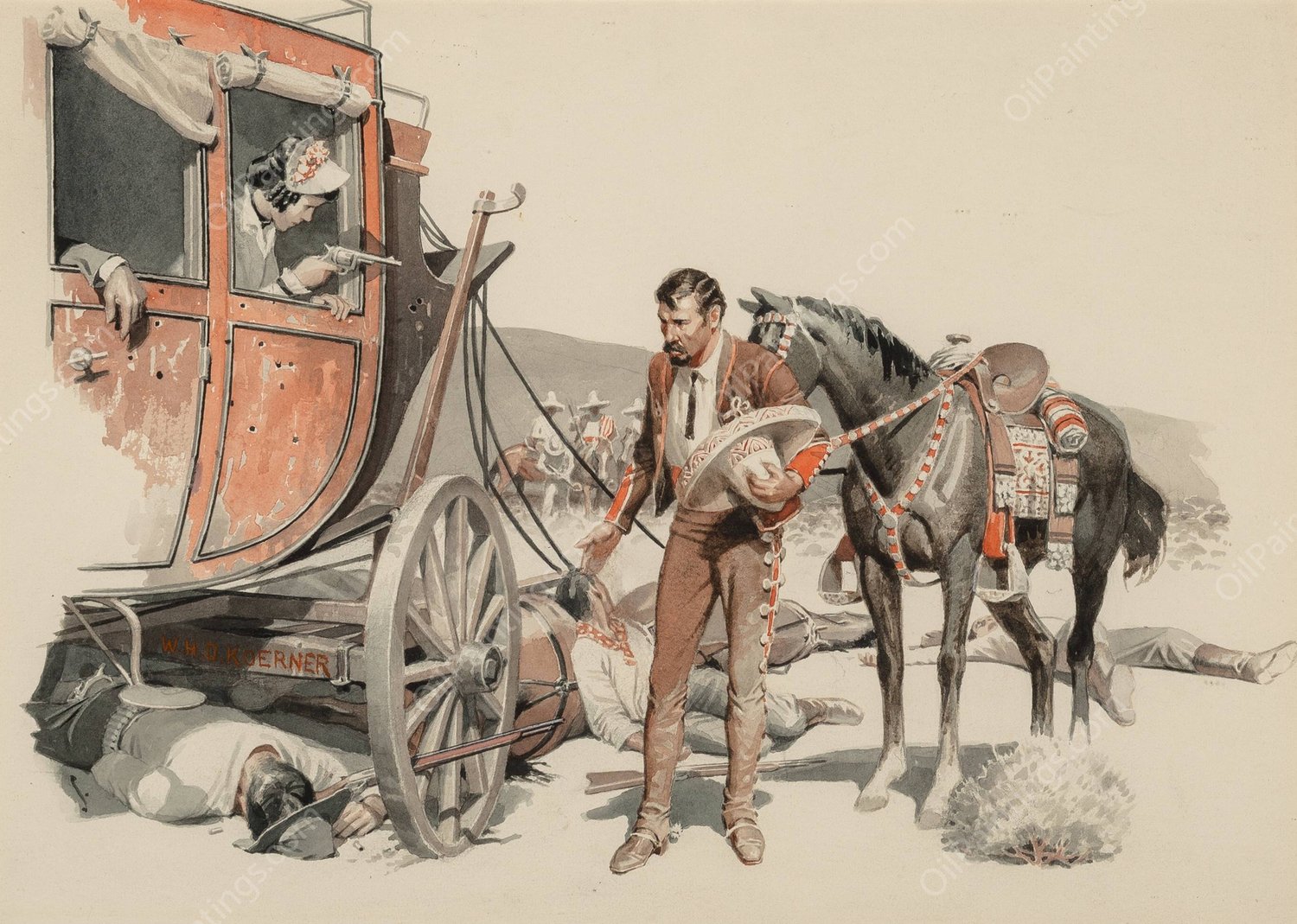 Stagecoach Hold Up by William Henry Dethlef Koerner - Hand-Painted Oil Painting Reproduction