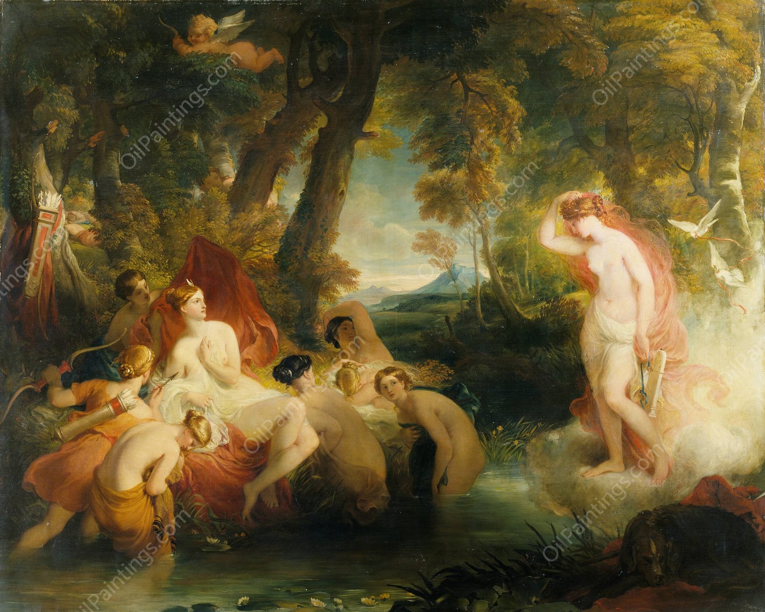Venus in search of Cupid surprises Diana  by William Hilton - Hand-Painted Oil Painting Reproduction