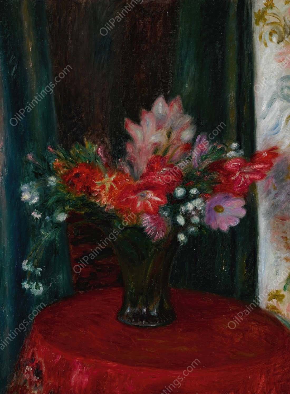 Bouquet on Red Tablecloth by William James Glackens - Hand-Painted Oil Painting Reproduction