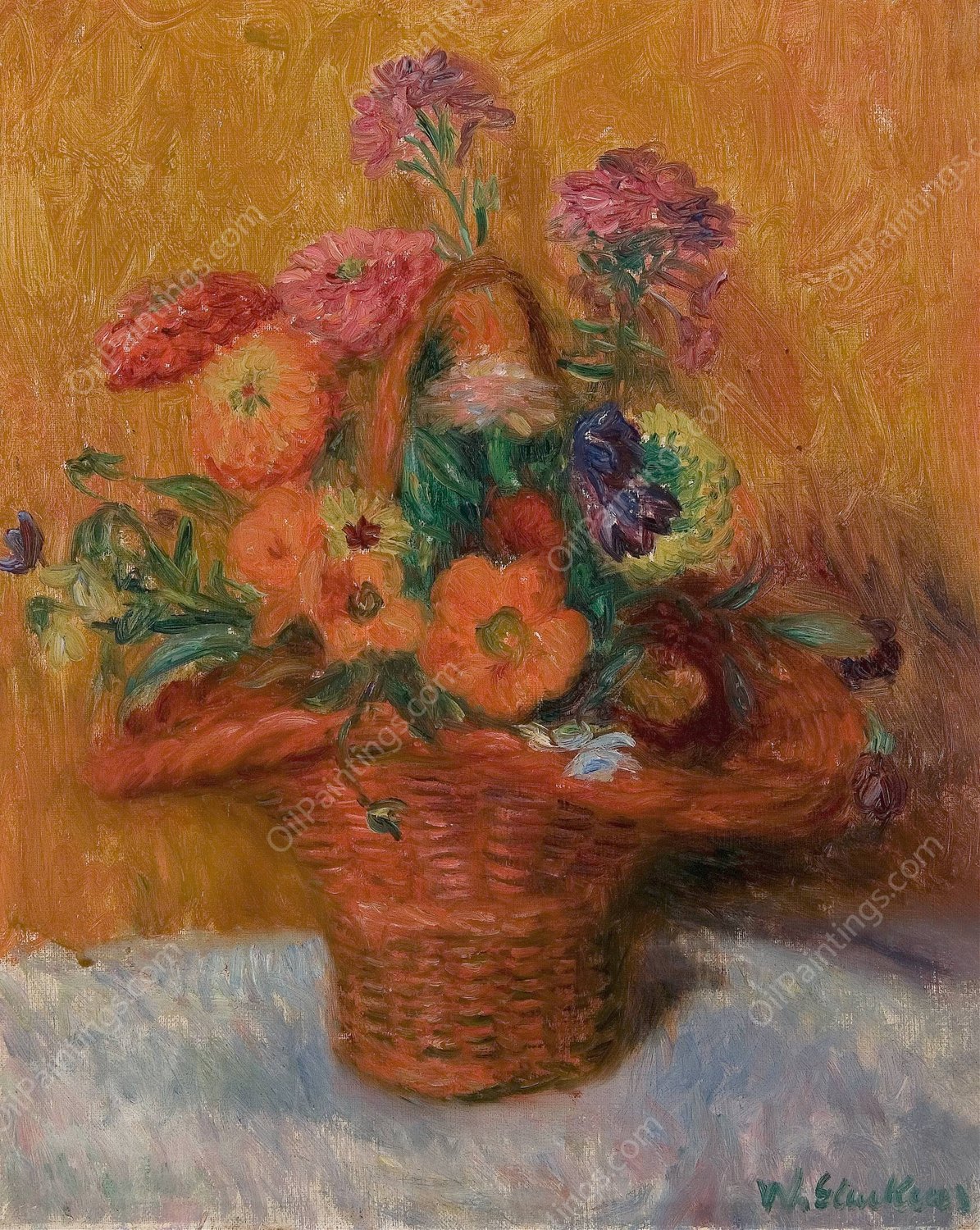 Red Basket of Zinnias  by William James Glackens - Hand-Painted Oil Painting Reproduction