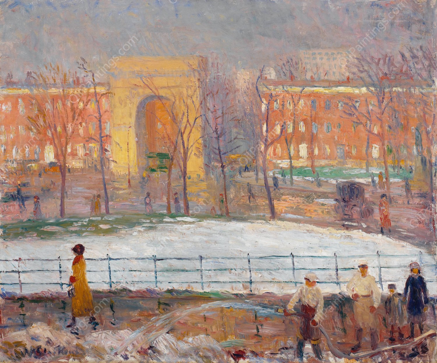 Street Cleaners, Washington Square  by William James Glackens - Hand-Painted Oil Painting Reproduction