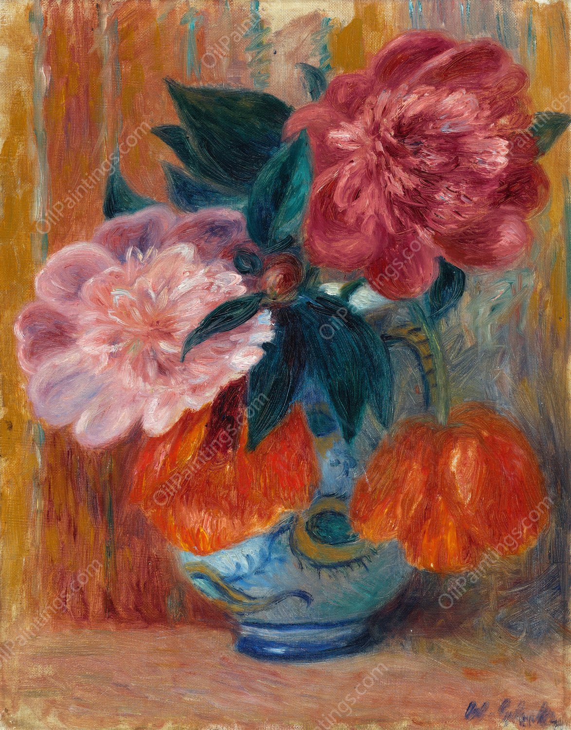 Tulips and Peonies in Pitcher  by William James Glackens - Hand-Painted Oil Painting Reproduction