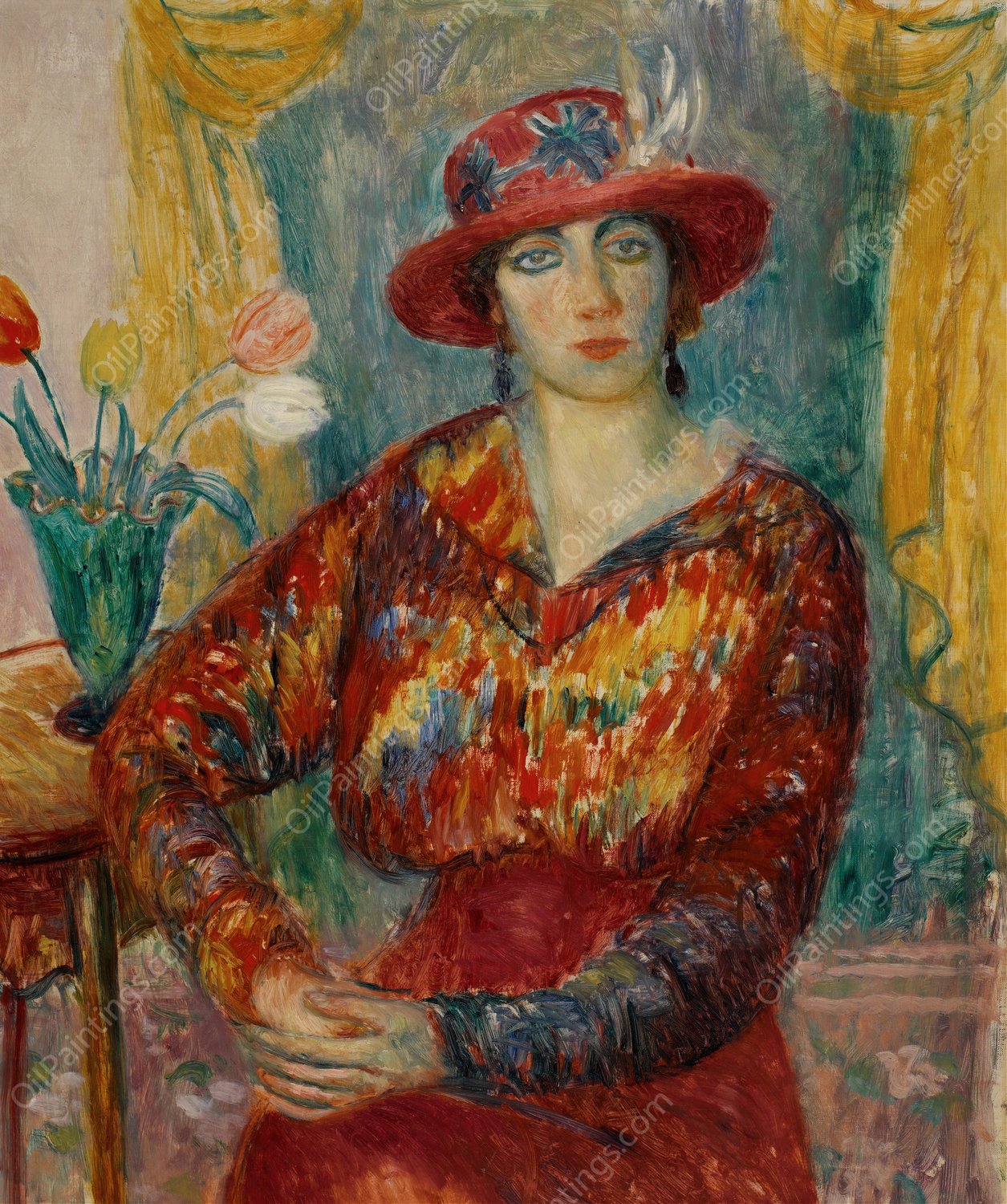 Woman in Red Blouse with Tulips  by William James Glackens - Hand-Painted Oil Painting Reproduction