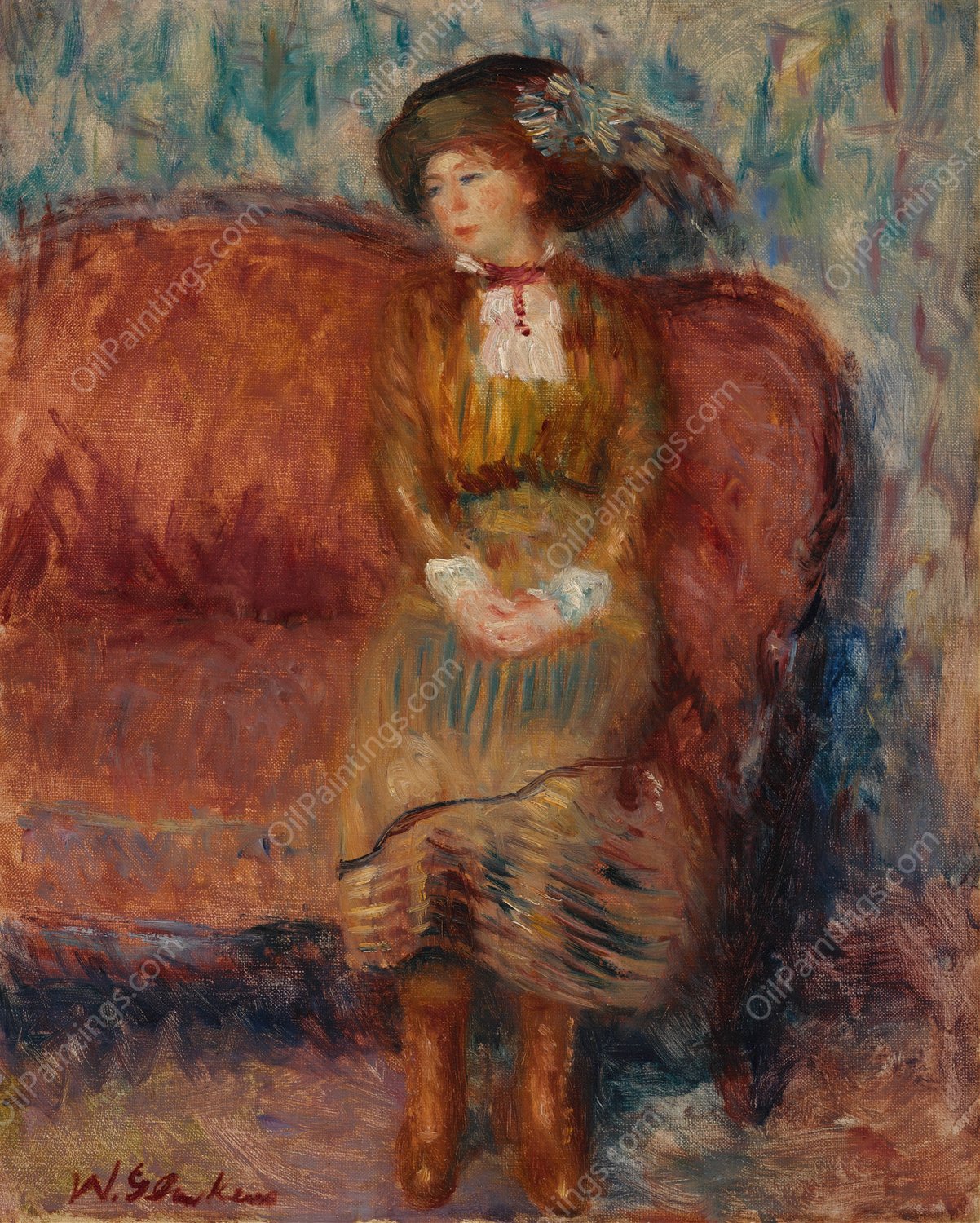 Woman Seated on Red Sofa  by William James Glackens - Hand-Painted Oil Painting Reproduction