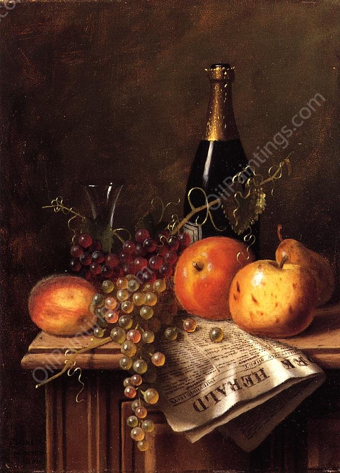 Still Life with Fruit, Champagne Bottle and Newspaper by William Michael Harnett - Hand-Painted Oil Painting Reproduction