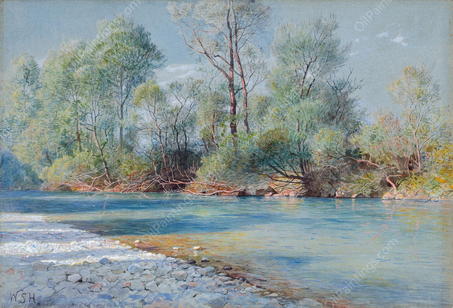 Traunstein River on the Road to Empfig, Bavaria  by William Stanley Haseltine - Hand-Painted Oil Painting Reproduction