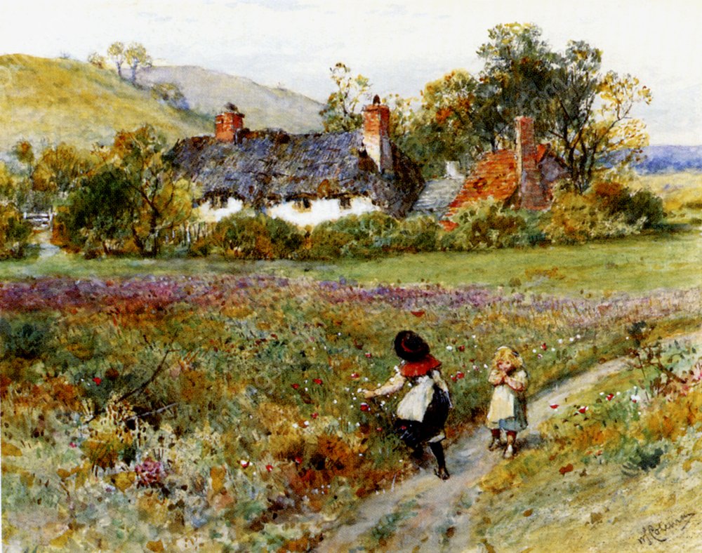 Children Playing On A Path, Cottages Beyond by William Stephen Coleman - Hand-Painted Oil Painting Reproduction