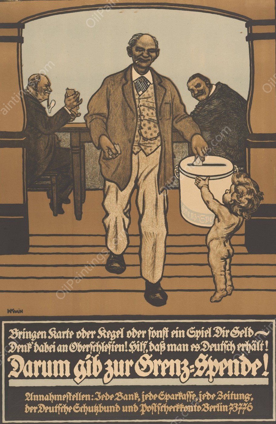 Bringen Karte oder Kegel oder sonst ein Spiel Dir Geld, denk dabei an Oberschlesien! Hilf, das man es Deutsch erhalt! Darum gib zur Grenz-Spende!  by Willibald Krain - Hand-Painted Oil Painting Reproduction