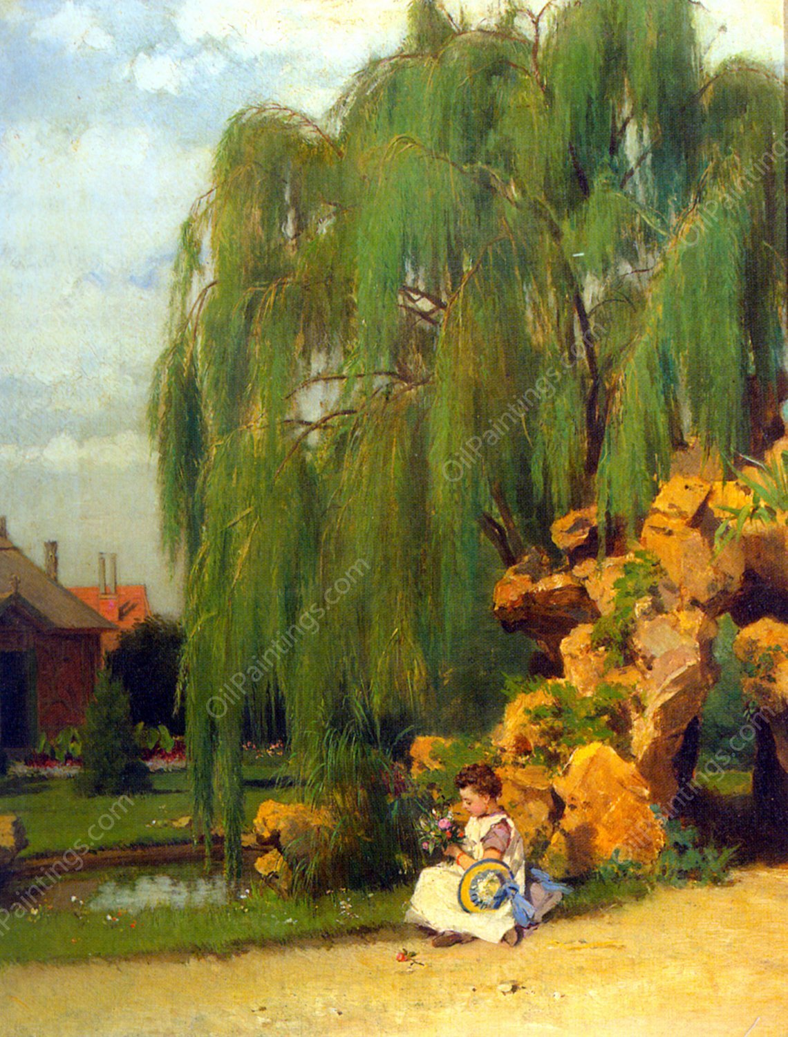 A Girl Arranging Flowers by a Willow by Willy Martens - Hand-Painted Oil Painting Reproduction